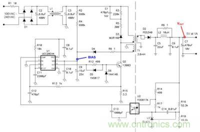 移動設備充電器所使用的一個5V/5W非連續(xù)反向電源的原理圖