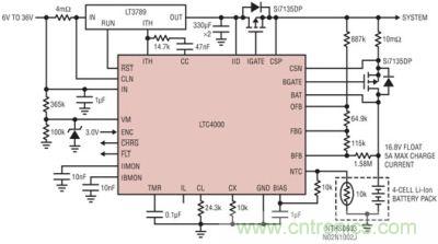 LTC4000 和 LTC3789：6V 至 36VIN、4 節(jié) 5A 鋰離子電池充電器