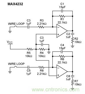 MAX4232雙運放的RF噪聲抑制能力測試電路