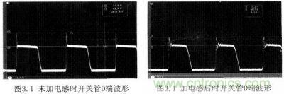 未加電感時開關管D端波形與加電感后時開關管D端波形