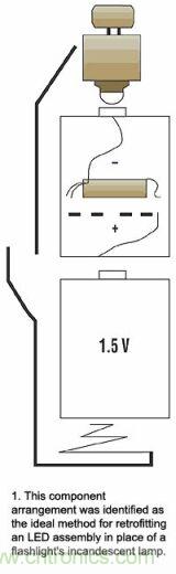 增壓電路在有兩節(jié)電池的手電筒中將代替的一節(jié)電池，LED裝置則代替白熾燈