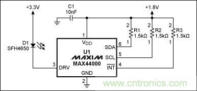 圖1：MAX44000典型電路，包括LED