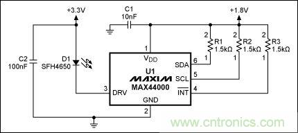 圖2：MAX44000典型電路，帶有發(fā)射器旁路