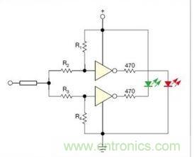 在雙門構(gòu)成的CMOS/TTL兼容探頭中，R1至R4電阻網(wǎng)絡(luò)對反相器輸入端做偏置