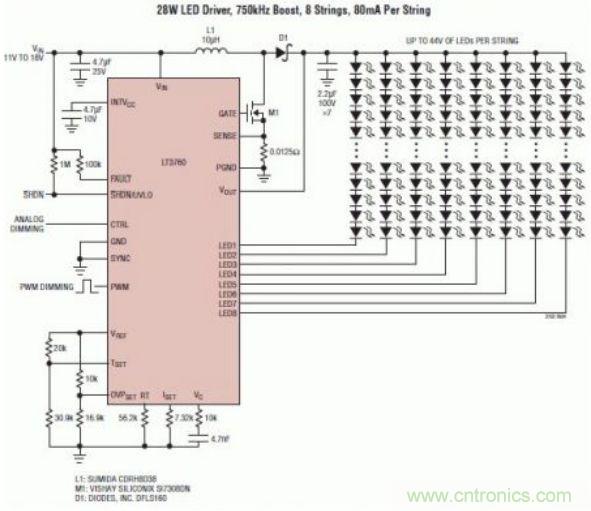 采用 LT3760、效率為 90% 的 28W LED 背光照明電路