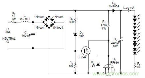 圖2：斬波工作類似圖1中的電路，但以較大的LED串聯(lián)電阻代替了恒流源，提供限流功能