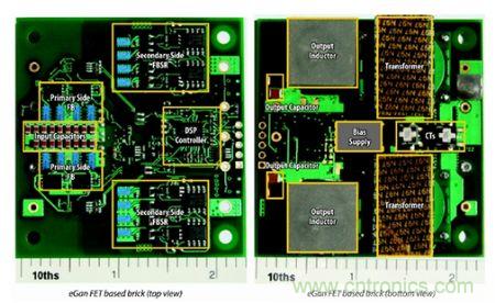圖6：采用eGaN FET設(shè)計(jì)的48V至53V半磚PSE轉(zhuǎn)換器的頂視圖和底視圖(單位為英寸)。