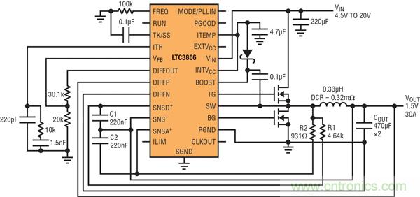 圖2：以非常低的DCR完成采樣的高效率、1.5V/30A降壓型轉(zhuǎn)換器