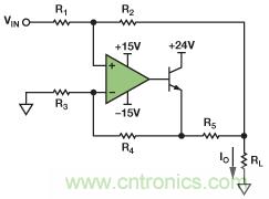 圖1. 改進型Howland電流源驅(qū)動接地負載。