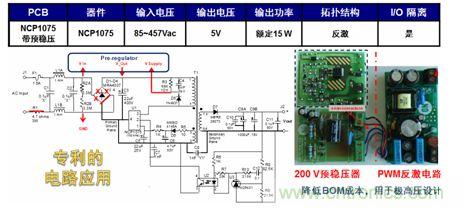 基于NCP1075開關(guān)穩(wěn)壓器和200 V預(yù)穩(wěn)壓器的極寬電壓范圍15 W參考設(shè)計。