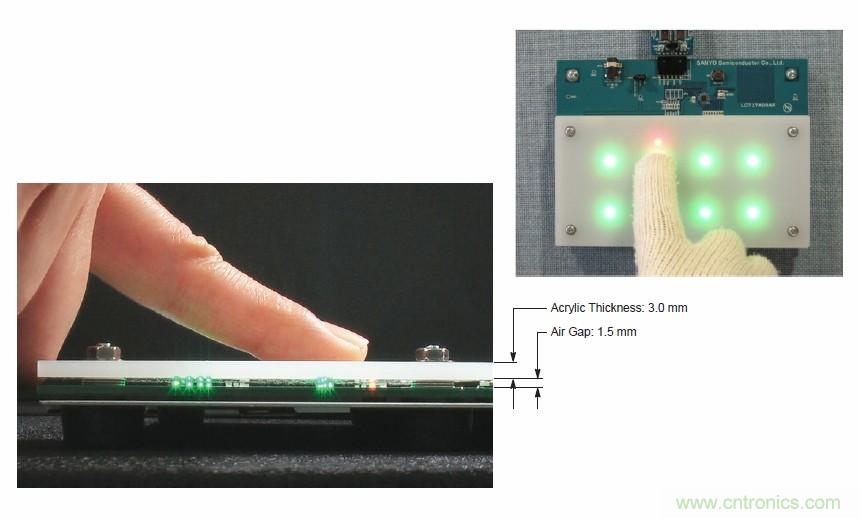 圖7. 安森美半導(dǎo)體電容式觸摸傳感器具有高度靈敏度，支持戴手套觸摸，支持含氣隙應(yīng)用