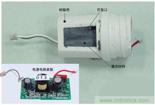 樹(shù)脂殼與電源電路底板樹(shù)脂殼上有開(kāi)放部位