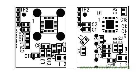  圖中所示為兩種不同的PCB布局，其中一種布局的元件排列方向不合理（L1和L3），另一種的方向排列則更為合適。