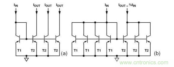 （a） 多級電流鏡 （b） 非整數(shù)比例電流鏡可將3個T2集電極結(jié)合起來，得到3IIN