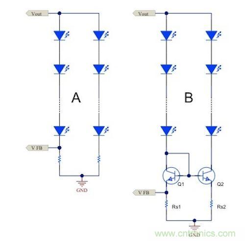 電流鏡 (B) 可針對簡單電阻器電流調(diào)節(jié) (A) 提供各種優(yōu)勢。