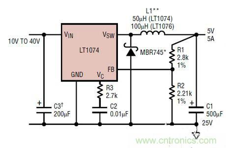 一款降壓開關(guān)降壓穩(wěn)壓器LT1074的電路圖