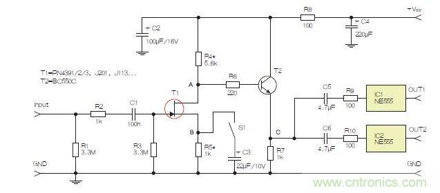 所示電路采用兩個工作在不同頻率下的555定時器，以獲取不同的音