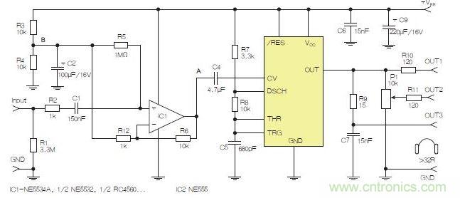 含運算放大器和NE555定時器的耳機和音頻線路驅(qū)動器。也可以使用CMOS版本(如LMC555)，但輸出電流較低。其優(yōu)點為工作頻率較高。