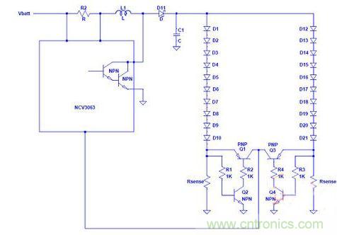 基于NCP3063單個電流環(huán)路驅(qū)動多串LED