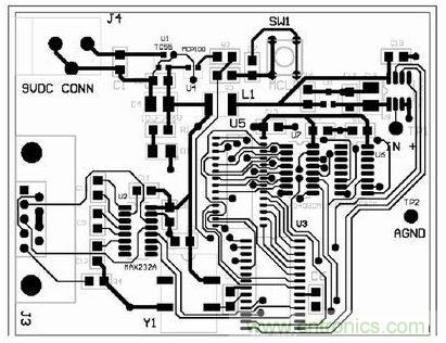 采用自動(dòng)布線(xiàn)為圖3所示電路原理圖設(shè)計(jì)的電路板的底層