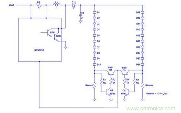 基于NCP3063 單個(gè)電流環(huán)路驅(qū)動多串LED