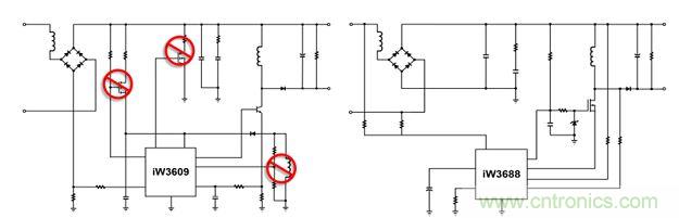 相比前代產(chǎn)品iW3609（左），iW3688（右）采用專利數(shù)字算法，完全消除了外部泄放電路、外部VCC電路和啟動(dòng)電路