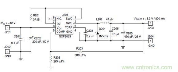 Buck電路應(yīng)用實(shí)例-輸入9～12V，輸出3.3V 800mA電路