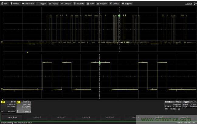 使用CustomDSO運(yùn)行VB腳本“zoom_Track.lss”。當(dāng)腳本運(yùn)行時(shí)，縮放波形的中心將跟蹤水平的光標(biāo)絕對(duì)位置。從圖中可以看出，光標(biāo)將永遠(yuǎn)位于縮放波形Z1的中心