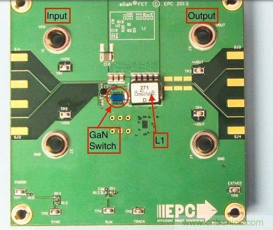 演示板用于顯示GaN的EMI。該GaN組件被圈定，我會在L1左側(cè)測量切換的波形。