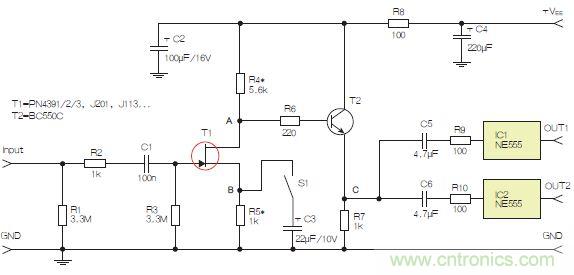 圖3：采用兩個(gè)工作在不同頻率下的555定時(shí)器電路，以獲取不同的音效。