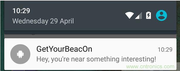 圖10 – 安卓系統(tǒng)通知，提示附近發(fā)現(xiàn)Beacon