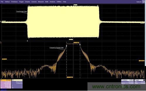 面的時域圖顯示了脈沖調(diào)制的射頻載波，下方的頻域圖顯示了在997MHz和1002MHz之間均勻分布的載頻