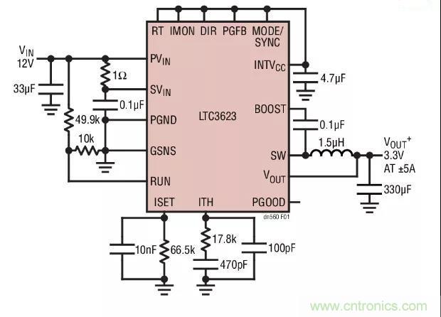 高效率、15V 軌至軌輸出同步降壓型穩(wěn)壓器能提供或吸收 5A